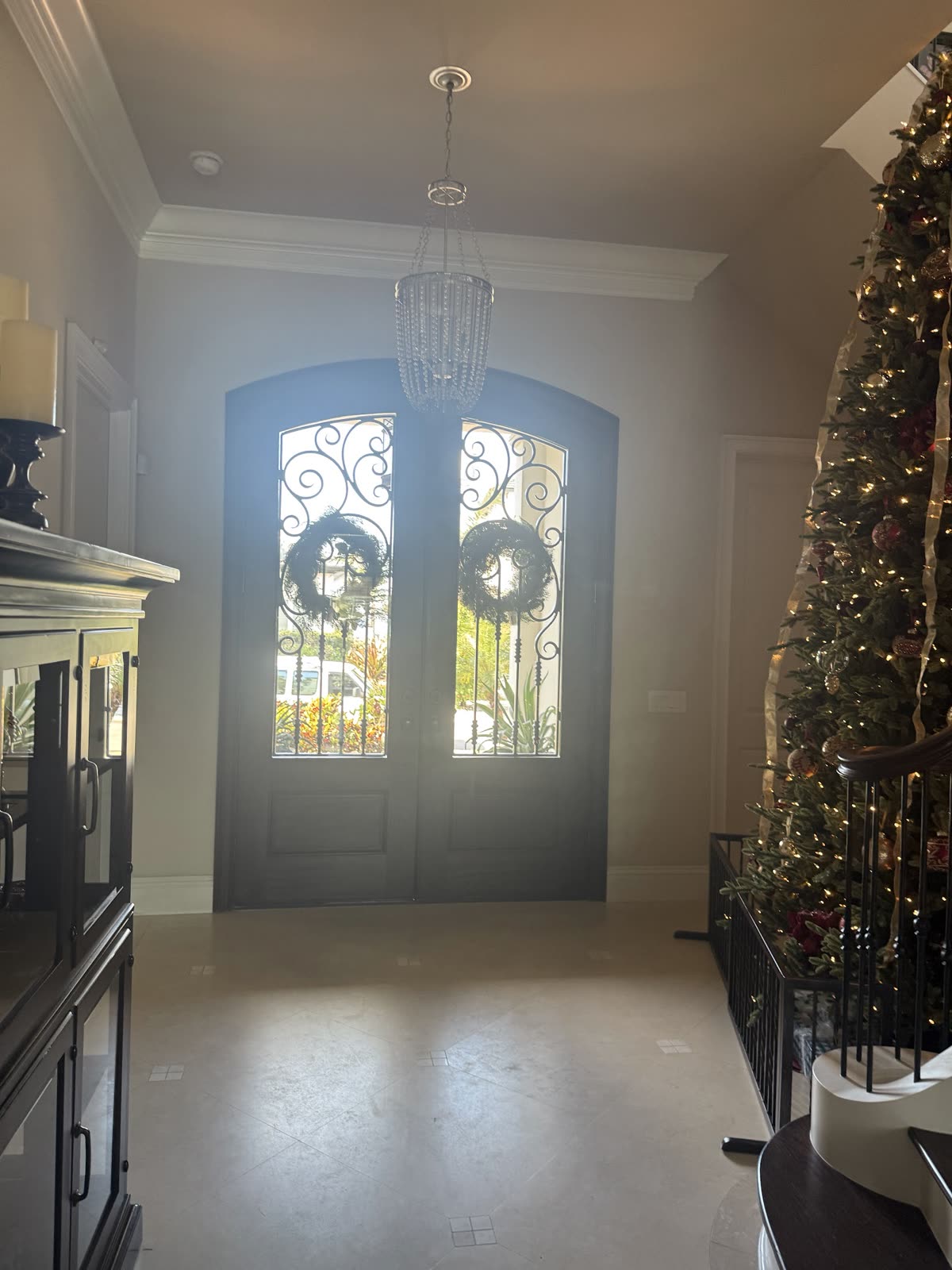 Painted foyer with iron-and-glass doors